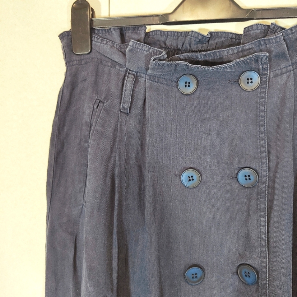Seen Worn Kept Blue Skirt Size UK 10 Midi Paper Bag Waist Button up Pleated - Picture 4 of 8